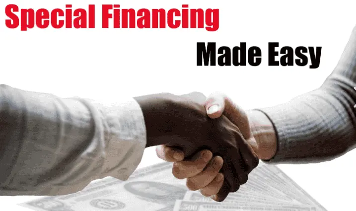 Men shaking hands with text Special Financing Made Easy